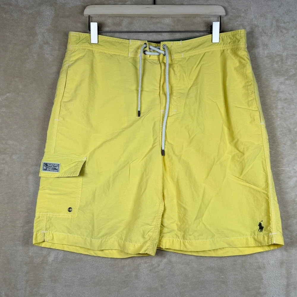 Polo Ralph Lauren Mens Medium Yellow Swim Trunks Cargo Pocket Mesh Lined Classic